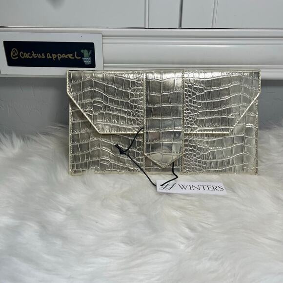 New Women’s JJ Winters Nikki Gold Metallic Mock Crocodile Clutch - Picture 1 of 7